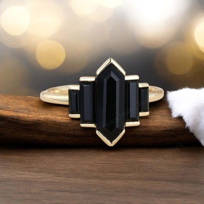 14k Yellow Gold 10x8 MM Hexagon Shape Natural Black Onyx Cluster Engagement Ring