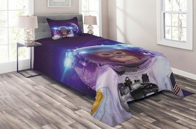 Outer Space Quilted Coverlet & Pillow Shams Set, Astrounaut Monkey Print