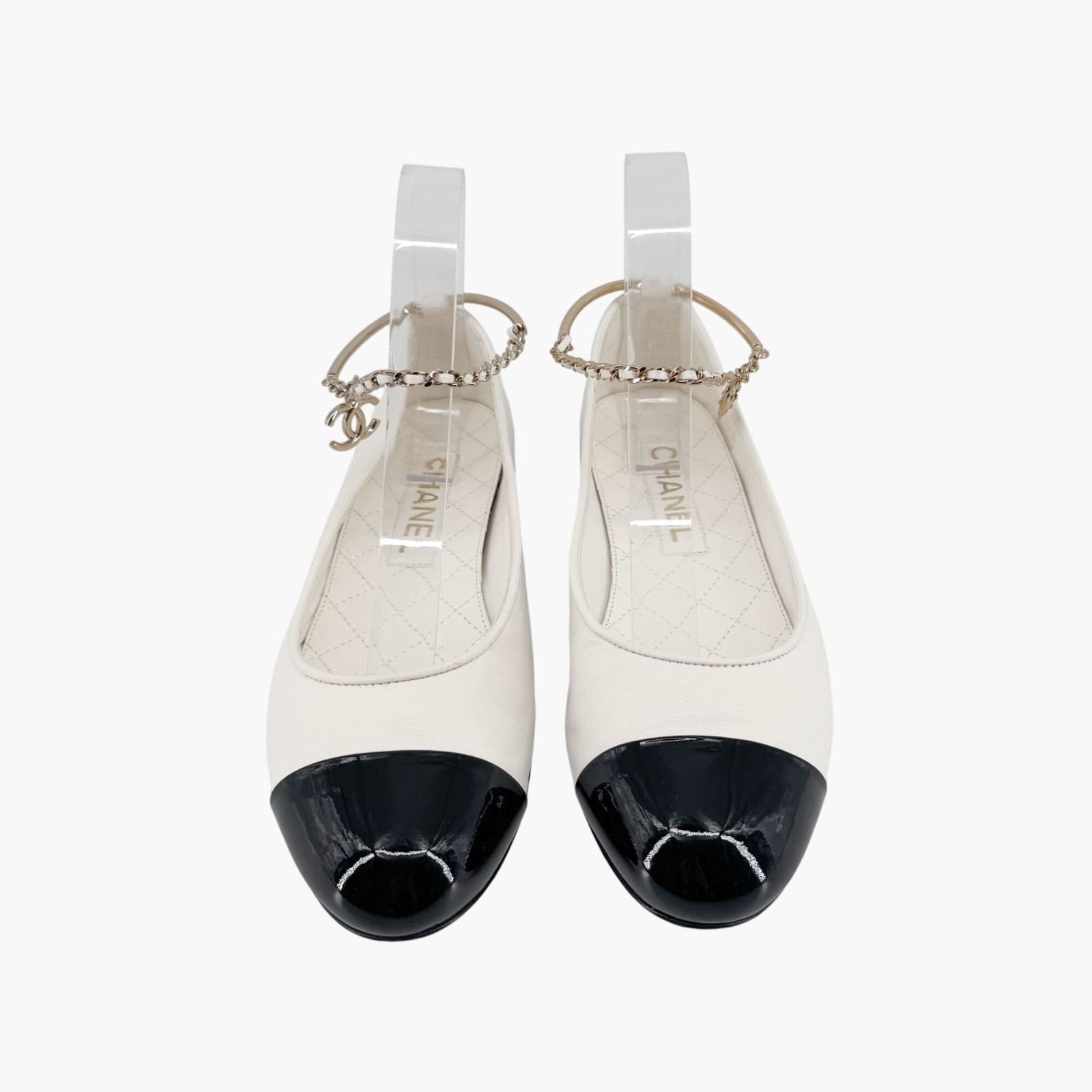 Chanel CC Camellia Ankle Chain White Cap Toe Ballet Flats Size 37.5 US 6.5-7 thumbnail 3