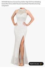 VFSHOW Lace White Maxi Dress Halter Sweetheart Illusion Neckline High Slit Gown