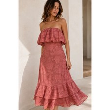 NWT Lulus Love You So Truly Burnout Floral Strapless Ruffle Midi Dress Pink S