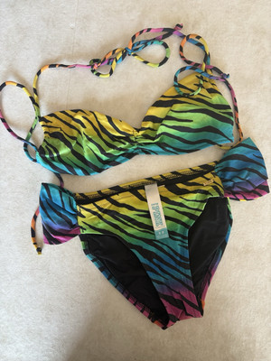 Pink/ Victoria Secret Zebra Halter Top Sz S & Hipster Bottoms M Worn 1x RARE