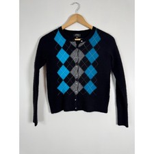 Preppy Apt 9 Women Small Cardigan Black Blue Argyle 100 Cashmere Button Sweater