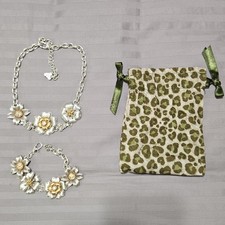 Silver Tone Necklace  Bracelet Set Gold Accents Clear Round Crystal Flower
