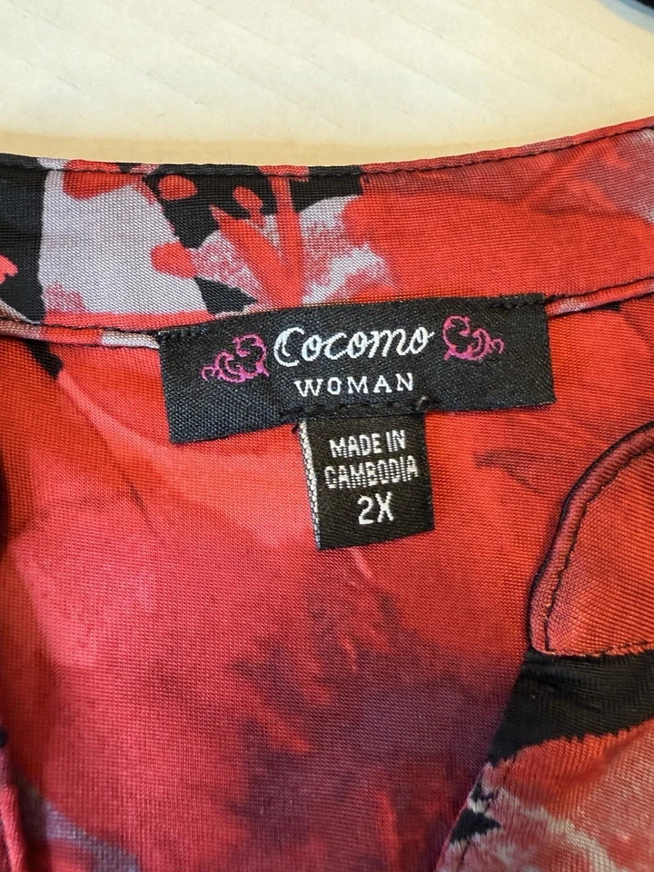 Top Henley Cocomo para mujer 2X floral manga lengüeta enrollable pintuck botón cuello en V Foto 3 de 4