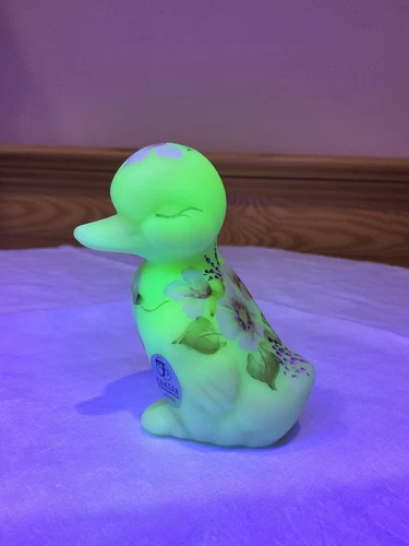 Fenton Burmese Satin Glass Duck Duckling Figurine HP Hibiscus Fredrick QVC 2003