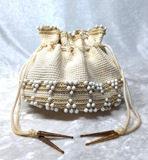 Vintage Crocheted Bucket Purse Beaded W/ Drawstring 5" High Off-White Handmade