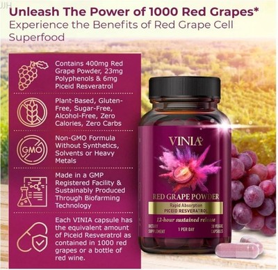 Rapid Absorption Red Grape Powder Piceid Resveratrol 60 Veggie Capsules Vinia