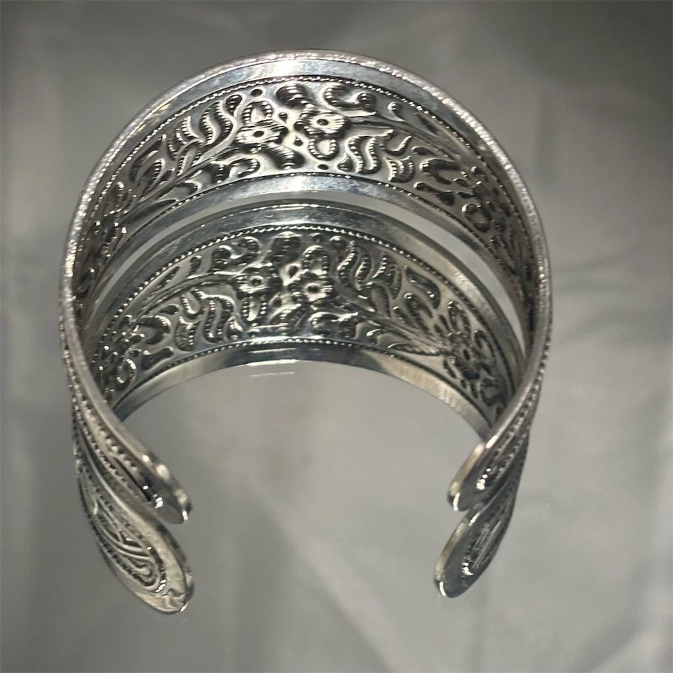 Silver Tone Floral Engraved Wide Cuff Bracelet Adjustable Magnetic Jewelry - Image 3 of 4