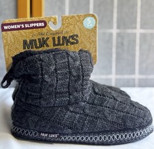 MUK LUKS Womens Knit Bootie Slippers Black / Knit Cuff, Cozy SIZE S 5-6 NEW