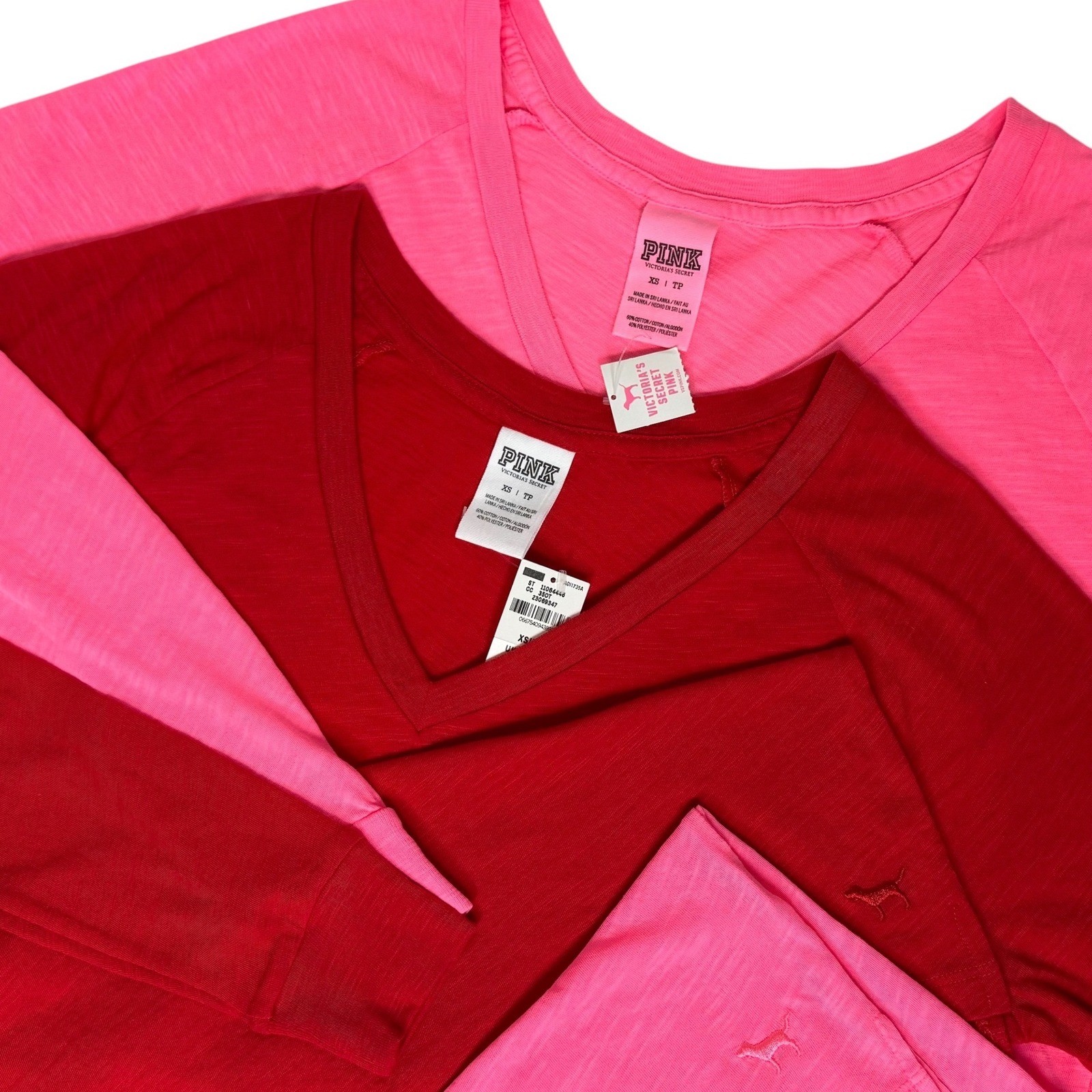Victoria's Secret PINK Long Sleeve V-Neck T-Shirt 2 Pack Red Neon Pink XS NEW