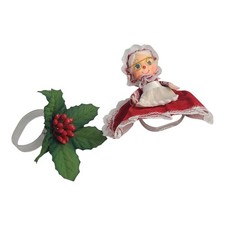 Two Vintage Christmas Napkin Rings Vera Neumann Mrs. Claus & Holly Berry Kitschy