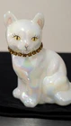 VTG Fenton White Iridescent Sitting Cat w/ Necklace Signed K.Sponsler Sticker