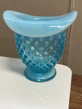 FENTON ART GLASS " BLUE OPALESCENT HOBNAIL " 1940's CURVED TOP VASE