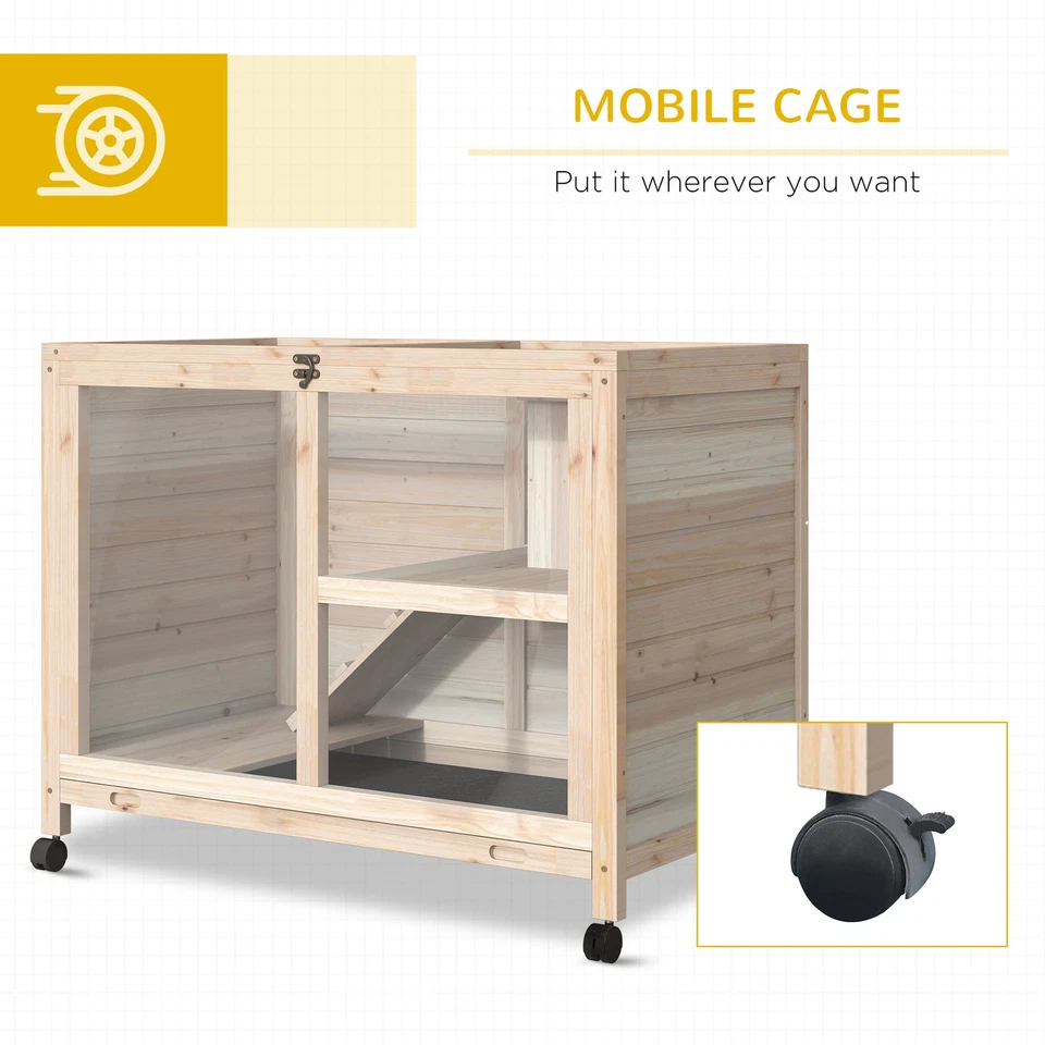 PawHut Rabbit Hutch, Bunny Jage 2 Capas con Ruedas y Techo Abierto, Natural Foto 4 de 4