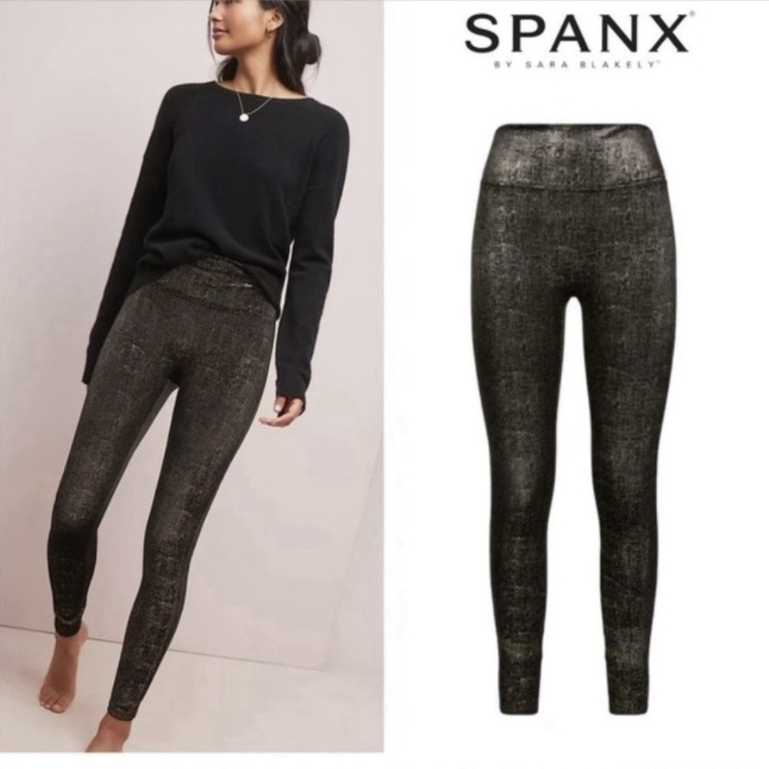 Spanx Metallic Foil High Waist Leggings Black Gold Shaping Control