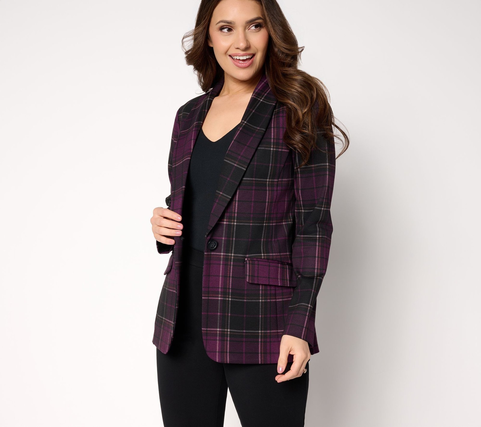 Susan Graver Women's Top Petite PL Tailored by Pet Printed Ponte Blk/Blue