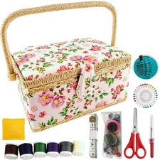Sewing Basket for Sewing Supplies, Wooden Sewing Kit Storage Box with Accesso...