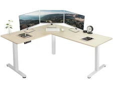 VIVO Light Wood / White Electric 63" x 55" Corner Desk, L-Shaped Workstation