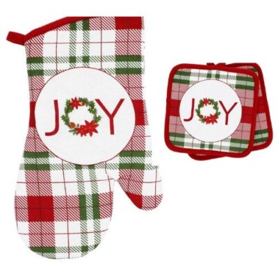 Christmas Red and Green Plaid Joy Kitchen Linen Set - Bundle of 3 Items