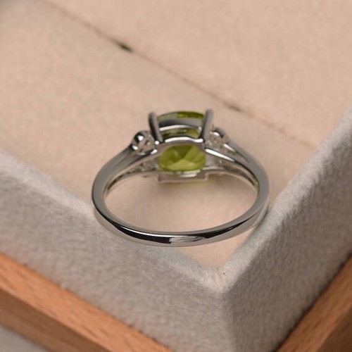 2.95 Ct Cushion Cut Real Peridot & Diamond Wedding Ring 14K Solid White Gold - Picture 3 of 10