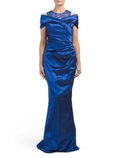 NWT Rickie Freeman for Teri Jon Royal Blue Ruched Off Shoulder Lace Neck Dress 2