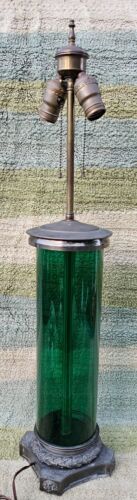 Rare Antique Green Cylindrical Glass Brass Table Lamp - Picture 4 of 16