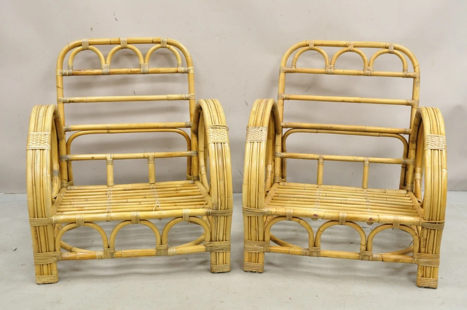 Vintage Hollywood Regency Bent Bamboo Wicker Rattan Pretzel Lounge Chairs - Pair - Image 2 of 4