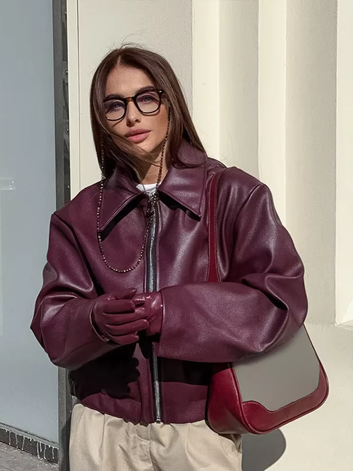Genuine Lambskin Leather Bomber Jacket Womens Wine Red Oversized Vintage S-5XL - Image 2 of 4