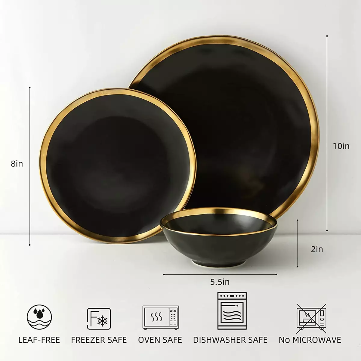 Matte Black Porcelain Dinnerware Set 12 Piece Service for 4, Dishes, Round Plates, Bowls, Golden Rim Dish Set for Home Decor