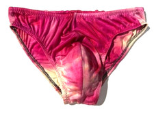 Vintage 90s HE Mens Pink Tie Dye Bikini Swim Brief sz M Swimsuit Stretched Out