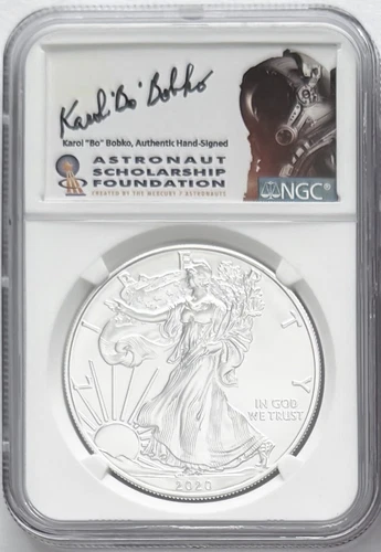 2020 SILVER EAGLE 1 OF 400 BOBKO NGC MS70 KAROL BOBKO SIGNED ASTRONAUT LABEL
