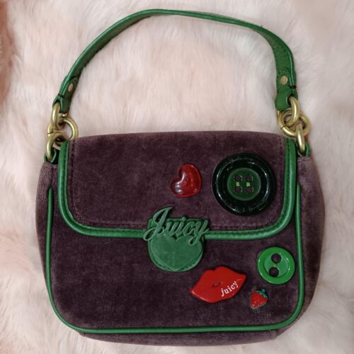 Juicy Couture Bag Purse Purple Green Velour Vintage Charms Strawberry Hearts Y2k - Picture 1 of 8