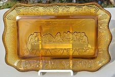 Vtg Indiana Glass Amber Tiara Last Supper Plate Tray 11x7" Christian Religious