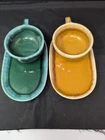 Hull Pottery Tan and Green Drip Glaze Soup Bowls/ Luncheon Plates Set Vintage