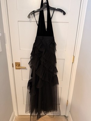 BCBGMAXAZRIA Angeline Black Halter Ruffle Layered Tulle Maxi Gown Dress Size 6