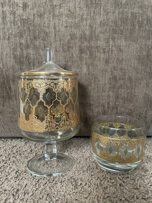Vintage Culver Valencia Lidded Apothecary Jar And Roly Poly Glass Pair