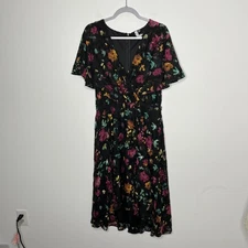 NY Collection Dress Womens XL Black Floral Flutter Sleeve Surplice Midi Lined