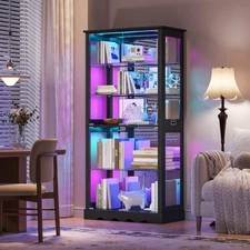 5-Tier Bookshelf with RGB Lights, 71" Tall Storage Cabinet with Glass Shelves