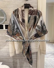 Sallys 70% Cashmere & 30% Silk Wrap Scarf Indian Feather Print 2 Face Shawl 53"