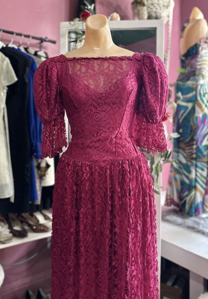 Maxi Vestido Vintage Años 80 Encaje Borgoña Rojo Mangas Abullonadas Pradera Victoriano XXS XS Foto 3 de 4
