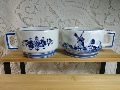 Vtg X2-DELFT BLUE HandPaint STACKABLE Floral Windmill 4''Soup Coffee Tea Cup Mugs