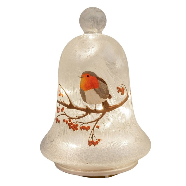 LED Deko Glocke Wintervogel Drehend H. 20Cm Weiß Aus Glas Mit Timer Formano-image