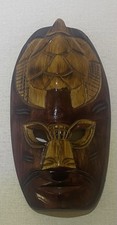 Vintage Hand Carved Fijian Wood Tribal Mask - Turtle & Hut Motif - 192g VGC.