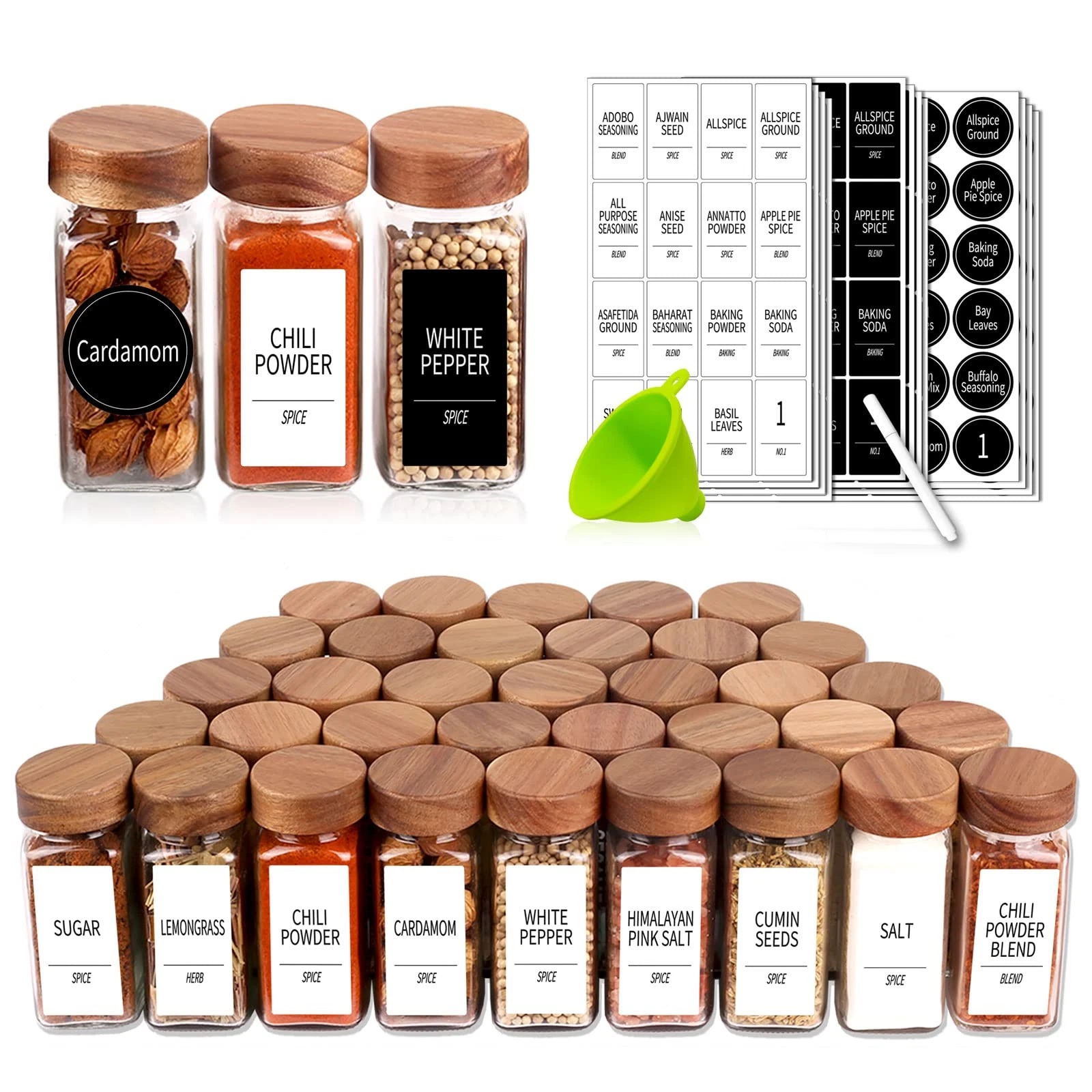 Spice Jars Glass Square 48 Jars 4 Oz with 547 Labels Acacia Wood Shaker Lids