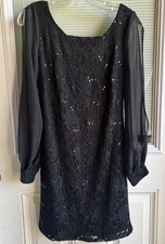 VTG 90s Black Lace Cocktail Dress Sequins Sheer Long Sleeves Romantic Goth Sz 8
