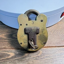SQUIRE Old English Admiralty 3 Padlock + Key JAS MORGAN & SONS Brass VINTAGE