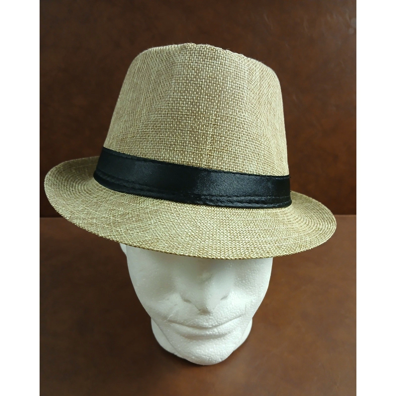 Beige Woven 100% Flax Fedora Trilby Hat with Black Band Unisex Summer Sun Hat