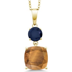 Authentic 18K Yellow Gold Plated Silver Brown Tiger Eye And Sapphire Pendant 4.60 Cttw