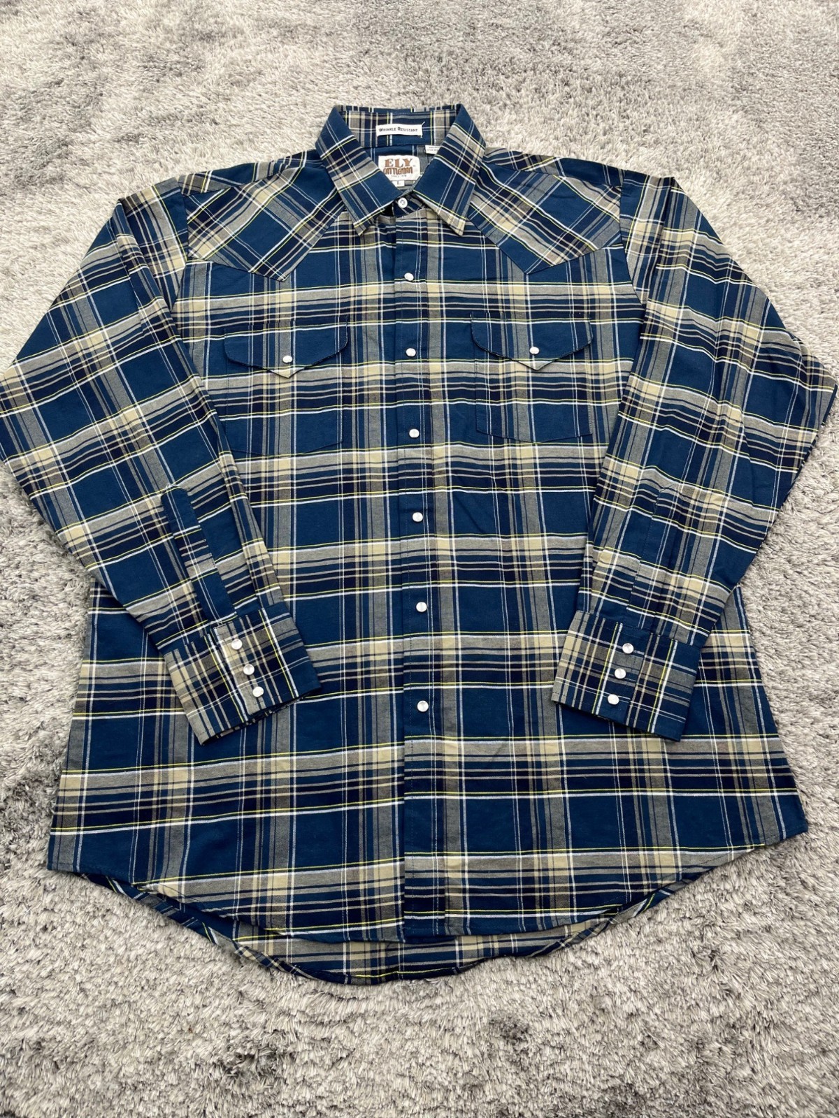 Ely Cattleman Shirt Men Large Western Blue Plaid Pearl Snap Wrinkle Free Vtg 90s